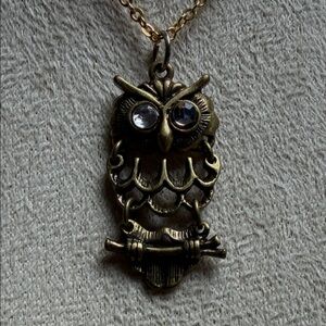 Antique Gold Owl Pendant Necklace with Crystal Eyes